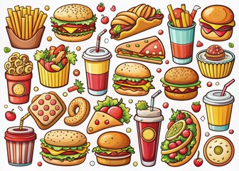 Whimsical assortment of colorful fast food doodles including burgers sandwiches fries drinks and desserts on a clean white background ideal for menu designs.
