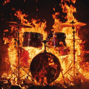 Drums engulfed in flames, with fiery tongues licking their surfaces, creating a dramatic and intense visual of destruction and heat.