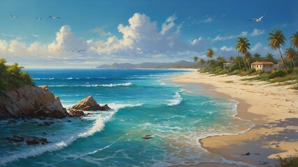 Serene Coastal Paradise: A picturesque tropical beach scene evokes tranquility and escape with its pristine white sand, gentle waves, and a lush backdrop of palm trees and a charming villa.  
