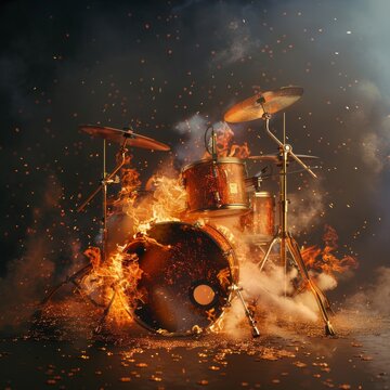 Drums engulfed in flames, with fiery tongues licking their surfaces, creating a dramatic and intense visual of destruction and heat.