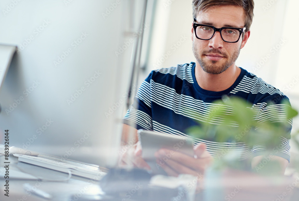Poster computer, tablet and portrait of man with creative planning, research and web developer in office. s