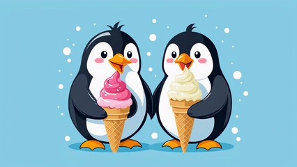 Fototapeta premium Funny penguin happily holding and licking a melting ice cream cone, vector flat design clipart