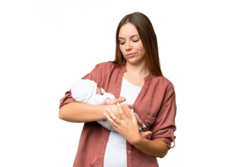 Young blonde woman  with her newborn baby over isolated chroma key background with sad expression