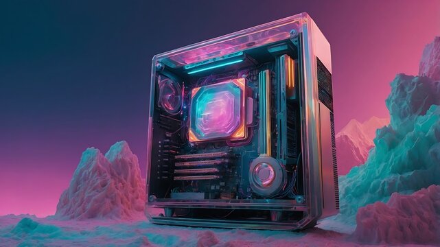 Retro Futuristic Dreamscape: A vintage computer displays a vibrant cityscape against a dreamy, retro-futuristic sky, blending nostalgia and technological advancement. 