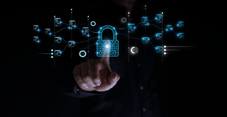 Cyber security and privacy concept to protect data, lock icon and internet network security technology, businessman protects personal data on smartphone and virtual interface