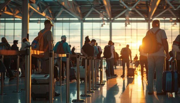 Airport terminal  passengers queue for check in and security, travelers waiting to drop off luggage