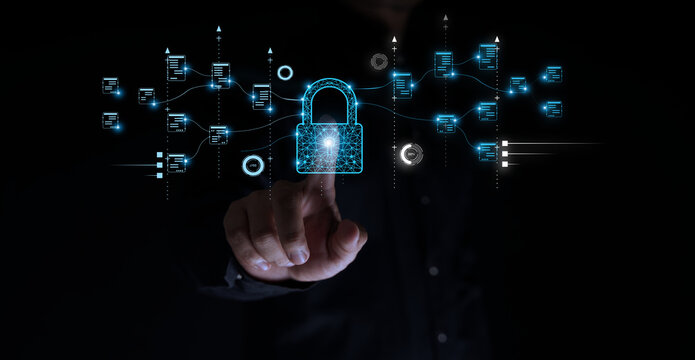 Cyber security and privacy concept to protect data, lock icon and internet network security technology, businessman protects personal data on smartphone and virtual interface