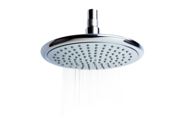 A high-pressure rainfall showerhead with a large, round head, isolated on a white background