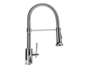 A high-end, pull-down kitchen faucet with a sprayer and multiple spray modes, isolated on a white background
