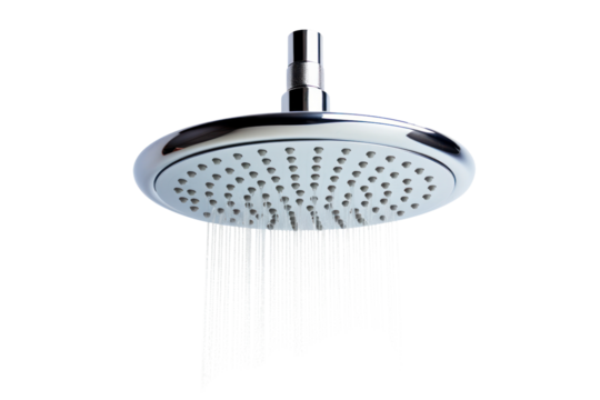 A high-pressure rainfall showerhead with a large, round head, isolated on a white background