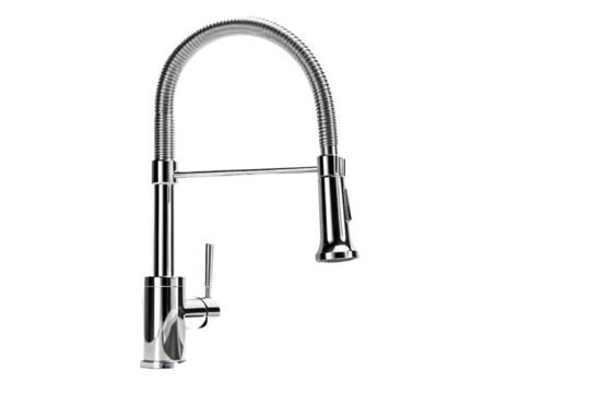 A high-end, pull-down kitchen faucet with a sprayer and multiple spray modes, isolated on a white background