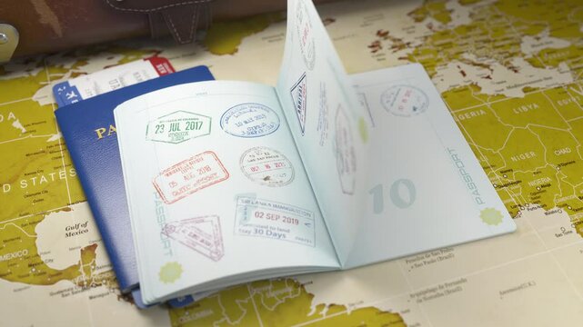 Travel or turism concept. Old suitcase with open passport with visa stamps. 3d animation