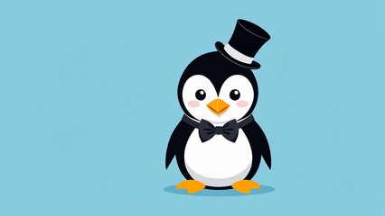 Funny penguin dressed up in a formal tuxedo with a bow tie, vector flat design clipart