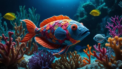 Fototapeta premium Vibrant Reef Fish: A stunning blue and purple fish with intricate patterns swims amidst a vibrant coral reef. Its large, expressive eyes and bold colors create a captivating underwater scene. 