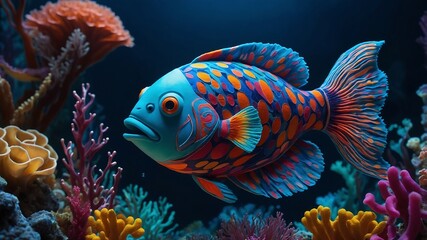 Fototapeta premium Vibrant Reef Fish: A stunning blue and purple fish with intricate patterns swims amidst a vibrant coral reef. Its large, expressive eyes and bold colors create a captivating underwater scene. 