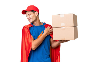 Super Hero delivery man over isolated background suffering from pain in shoulder for having made an effort