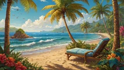 Beach with palm trees and a tropical paradise view