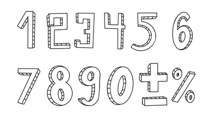 Set features variety of doodle font digits on white background. Each figure depicted in charming monochrome line art style perfect for artistic designs
