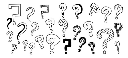 Hand-drawn question mark icons on white background. Variety of icons each depicted in charming monochrome line art style perfect for adding intrigue