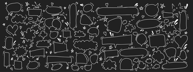 Speech bubbles doodle white line vector icons bundle in negative space. Communication in chat hand drawn illustration set black and white