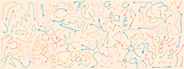 Arrows multicolor doodle 2d line vector icons bundle on light background. Pointers of various shapes color hand drawn illustration set