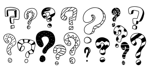 Question marks doodle line vector icons bundle on white background. Riddles and quizzes mystery hand drawn monochrome illustration set
