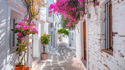 Charming mediterranean alleyway with white houses and colorful bougainvillea blooms