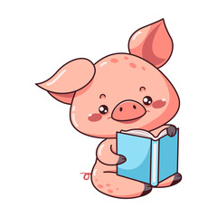 Adorable piglet reading illustration on white background. Kawaii style and flat color vector elements create heartwarming image for learning