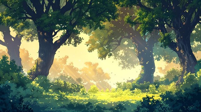 Peaceful Walnut Grove with Warabimochi Banner and Elf Gatherings
