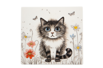A hand-painted ceramic tile featuring a whimsical illustration of a cat, isolated on a white background