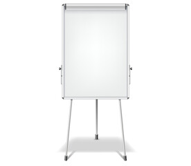 Empty whiteboard on tripod metal legs realistic vector illustration. Business presentation mockup display 3d object on white background