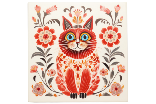 A hand-painted ceramic tile featuring a whimsical illustration of a cat, isolated on a white background