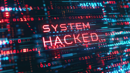 The text "SYSTEM HACKED" was written on a digital screen, against a background of computer code and binary numbers, representing a cyber security concept
