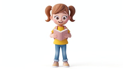 A 3D cartoon girl with pigtails is smiling while reading a book.