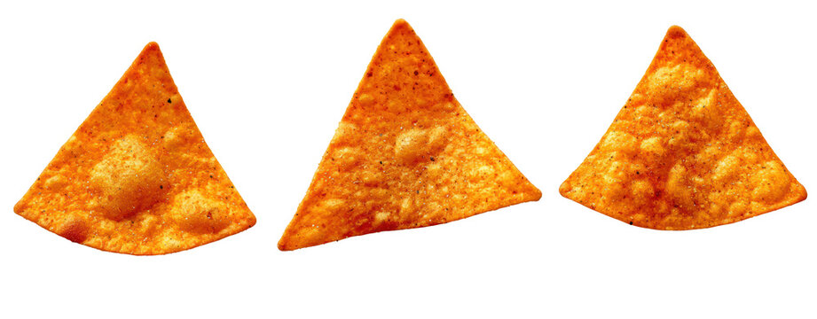 set of abstract shape triangle potato chip hot and spicy crispy snack cut out isolated transparent background
