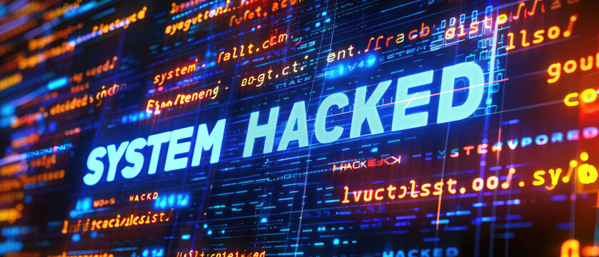 The text "SYSTEM HACKED" was written on a digital screen, against a background of computer code and binary numbers, representing a cyber security concept