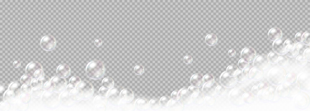 Floating bubble of soap foam realistic vector illustration. Cleaning supplies. Frothy bath comfort 3d object on transparent background