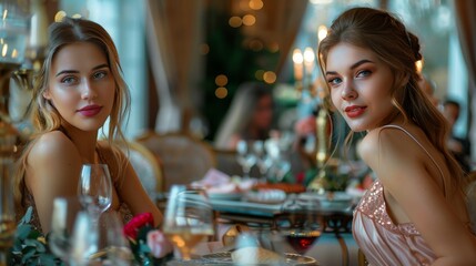 Luxurious VIP event hosting with elegant women in beautiful dresses at an upscale dinner venue. Evoking themes of high society, celebration, opulence, and affluence.