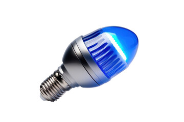 A futuristic LED light bulb, its sleek, metallic design emitting a cool, blue light, isolated on a white background