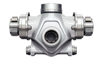 A futuristic illustration of a diaphragm valve with sleek lines and metallic accents, isolated on a white background