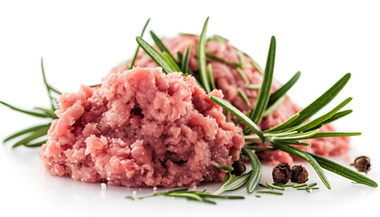 Raw ground meat and rosemary isolated on white