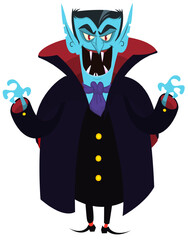 Funny cartoon vampire character design with big open mouth, tongue, fangs. Vampire face mask avatar. Halloween illustration vector isolated. Party or package design