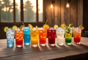 row of fresh fruit smoothies delivered in glasses with straws. 