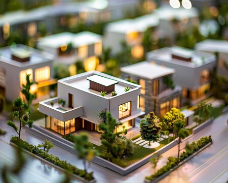 Contemporary miniature houses in landscaped neighborhood  housing project market concept banner