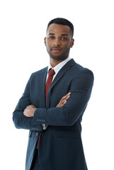 Crossed arms, business and portrait of black man in studio with confidence, attitude or ambition. Professional, corporate and person with pride for entrepreneurship, career or job on white background