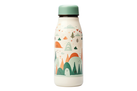 A eco-friendly kids' water bottle made from sustainable materials, isolated on a white background