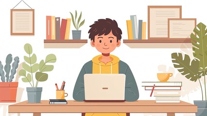 Boy working at laptop in surreal cartoon style, freelancer concept. Flat vector illustration isolated with copy space.
