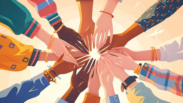 Multicultural group of women in cartoon style stacking hands together, symbolizing female community and teamwork. Copy space available.