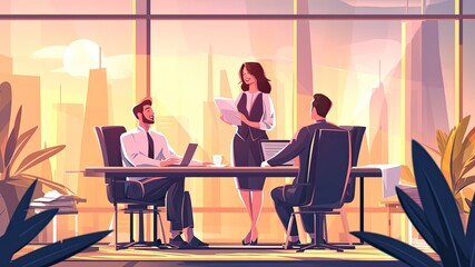 Vibrant cartoon-style illustration of a smiling businesswoman leading a meeting with her team in a modern office, filled with laughter and collaboration.