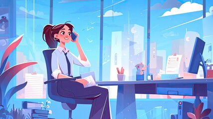 Vibrant cartoon-style illustration of a happy businesswoman engaged in a phone call discussion in a modern office setting. Perfect for business concepts with ample copy space.